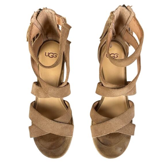 Ugg Raquel Wedge Women Size 8 Chestnut Suede Espadrille Strappy Tassel Sandals - Picture 3 of 11